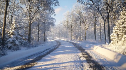 Obraz premium Winter road journey snowy forest scenic landscape tranquil view