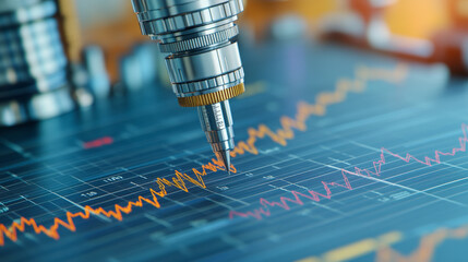 A close-up of a mechanical instrument analyzing data visualizations on a screen, depicting fluctuating graphs with precision, symbolizing advanced technology in analytics.