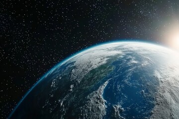 Obraz premium Stunning View of Earth from Space: Captivating Planetary Perspective with Starry Background and Rising Sun