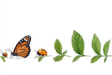 A whimsical 2D drawing of a butterfly life stages, with cheerful cartoon elements on a white background