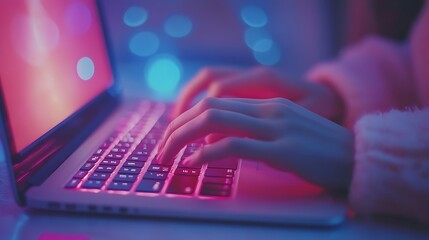 Typing on laptop with colorful lights home office digital workspace