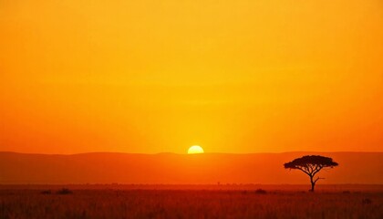 Naklejka premium Golden Horizon at Sunset Over African Savanna with Lone Tree