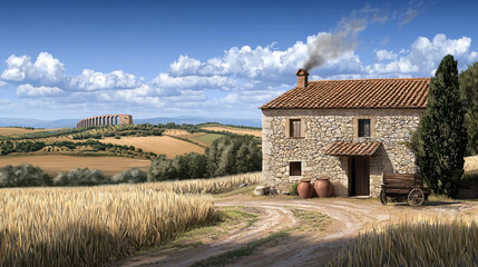 Fototapeta premium Ancient Roman Croft in Rustic Countryside Setting