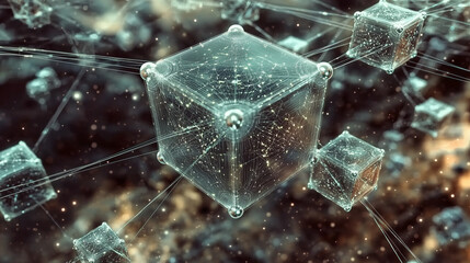 Obraz premium Infinite Chain: A never-ending chain of floating blocks in space, each containing holographic data for block chain solution, Generative AI