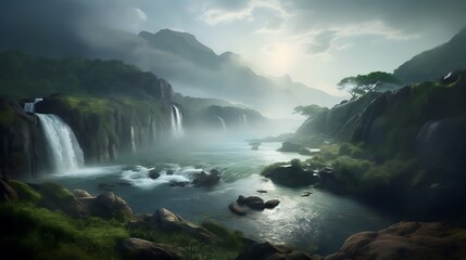 Fototapeta premium Serene Mountain River Scene With Multiple Waterfalls