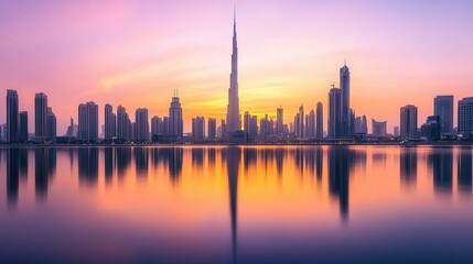 As dusk falls, the riveras shadow captures the silhouettes of the cityas tallest buildings. The reflection on the wateras surface contrasts with the warm hues of the setting sun