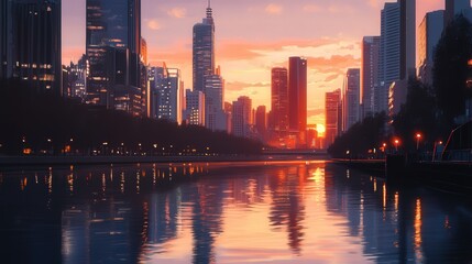 Fototapeta premium As dusk falls, the riveras shadow captures the silhouettes of the cityas tallest buildings. The reflection on the wateras surface contrasts with the warm hues of the setting sun
