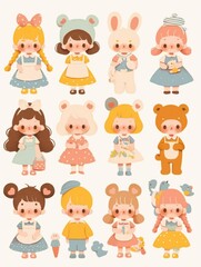 Pastel Flat Style Cartoon Animal Doll Stickers: Simple and Cute Designs