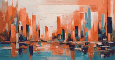 Urban-inspired aesthetic, vertical strokes in vibrant orange and muted turquoise converge in an abstract design full of energy, texture, and contrast