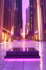 Obraz premium Vibrant Cityscape at Dusk with Glowing Lights and Reflective Surfaces