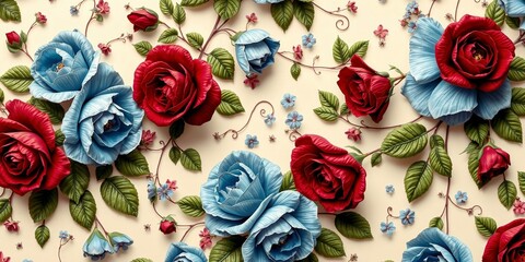 Vibrant Floral Pattern Featuring Red and Blue Roses with Delicate Green Leaves