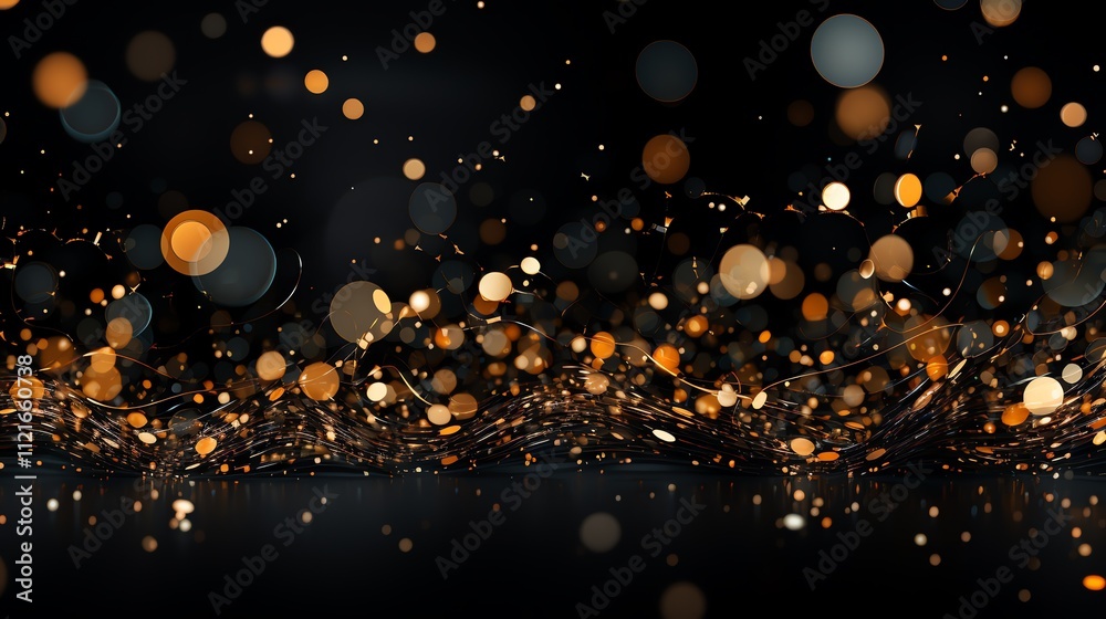 Wall mural abstract golden bokeh lights and particles on dark background.