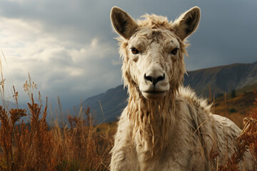 Fototapeta premium close-up of a llama standing against a mountainous landscape. 