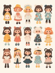 Pastel Flat Style Cartoon Animal Doll Stickers: Simple and Cute Designs