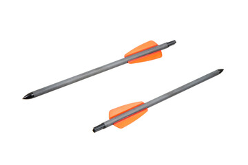 Two crossbow bolts with orange fletching and black tips, isolated on a white background.