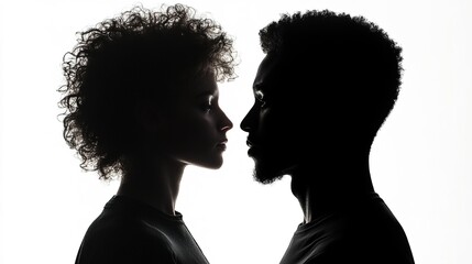 young white woman and dark-skinned man looking intently into each other's eyes on a white background, silhouettes in profile