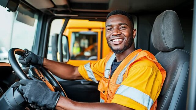 A cheerful African American truck driver sits confidently in his vehicle, ready for the road ahead. Concept of transportation industry and professional driving.
