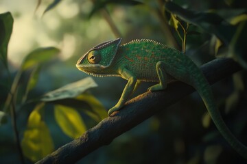 Obraz premium Vibrant Green Chameleon on Branch in Lush Tropical Environment - Nature Photography for Wildlife Enthusiasts and Educational Purposes