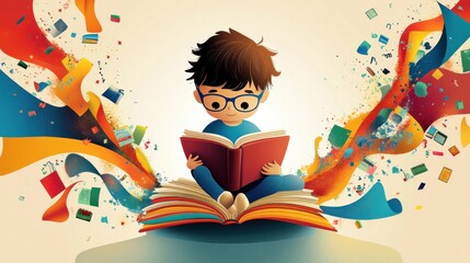 A little boy sitting on a book reading