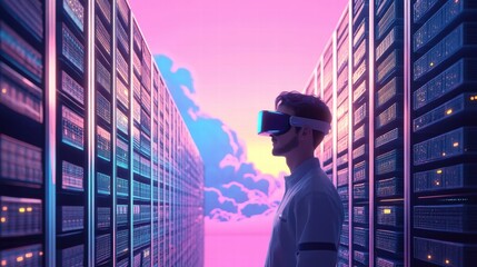 Fototapeta premium man in vr headset exploring digital world