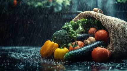 Rain-soaked vegetables spilling from a bag onto an outdoor table, dramatic lighting and atmosphere 