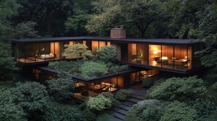 Contemporary architectural design highlights modern home surrounded by lush greenery in tranquil nature setting