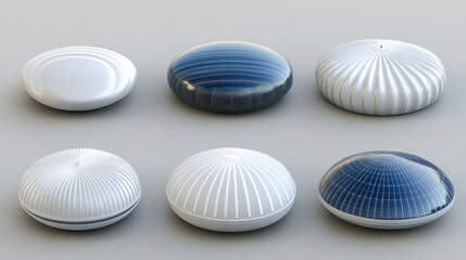 Fototapeta premium A set of futuristic, round smart devices with white and blue ribbed designs, resembling UFOs, displayed on a neutral background.