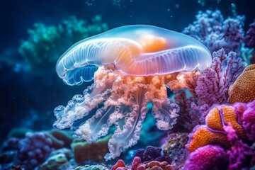 Fototapeta premium Vibrant Jellyfish Swimming Among Colorful Coral Reef - Stunning Underwater Marine Life Photography