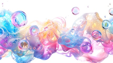 Abstract pastel rainbow bubbles and foam swirls on white background.