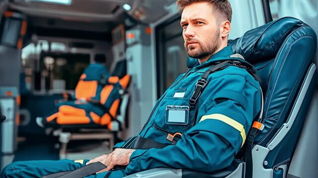 A focused paramedic seated in an ambulance, ready for emergency response in a professional uniform. Concept of dedication and the critical role of first responders in healthcare.