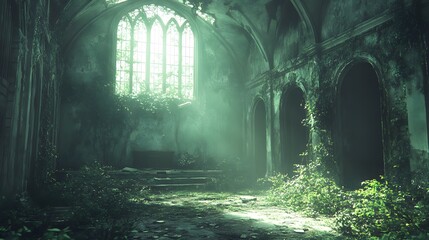 Decaying corridor in abandoned building shows natural light through broken windows, featuring overgrown vegetation, peeling paint, and dramatic urban exploration.