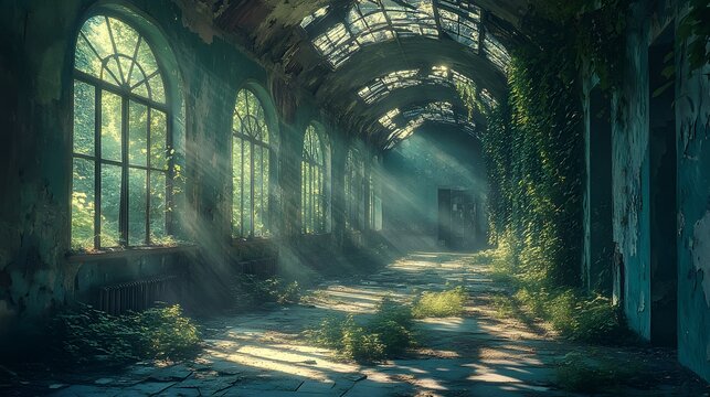 Decaying corridor in abandoned building shows&nbsp;natural light through broken windows, featuring overgrown vegetation, peeling paint, and dramatic urban exploration.