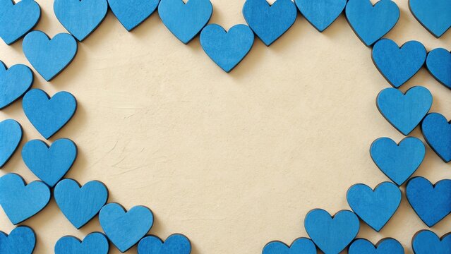 A bold and colorful blue heart frame made up of multiple hearts arranged in a staggered pattern on a beige background, visual element, geometric shape, abstract art, background decoration