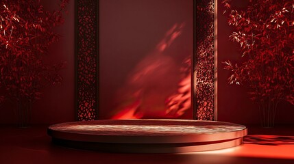 Empty Podium round stage chinese style, for chinese new year and festivals or mid autumn festival with red papar cut art and craft on color backgroung with asian elements Copy space.