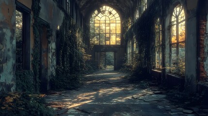 Obraz premium Decaying corridor in abandoned building shows&nbsp;natural light through broken windows, featuring overgrown vegetation, peeling paint, and dramatic urban exploration.