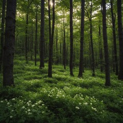 Fototapeta premium A forest waking up with vibrant greens and fresh blooms.