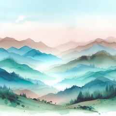 Obraz premium A serene landscape of watercolor mountains with soft gradients o
