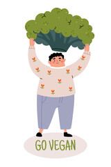 Go Vegan. Cute character holding a big broccoli. Modern minimalist illustration in Scandinavian style.