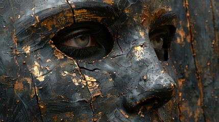 A close-up of a face covered in black textured paint with gold flecks and cracks 