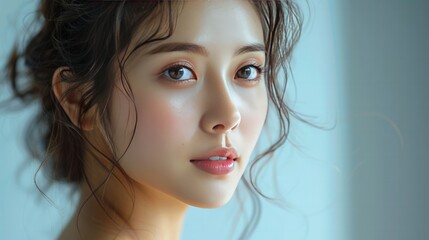 Fototapeta premium Portrait of a young woman indoor studio photography soft natural light close-up view beauty and elegance concept