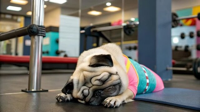Very lazy sport dog. Funny cute pug dog do not want to do fitness at gym. Funny lazy sport pug. Tired of sport training, lying on the mat to sleep. Fell asleep. Funny dog sport and laziness concept