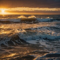 Obraz premium A golden sunrise over the ocean with waves shimmering in the light.