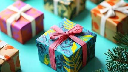 Colorful wrapped gifts with decorative bows arranged on a bright background, creating a festive and cheerful atmosphere.