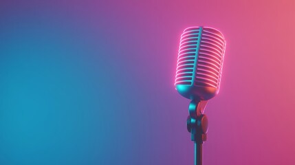 Retro microphone with pink and blue neon lighting on gradient background