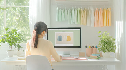 A woman sits at a tidy desk, viewing clothing on a computer, surrounded by plants and pastel decorations in a bright room.
