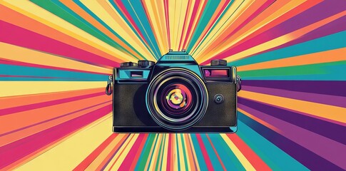 Vibrant Pop Art of a Classic Camera with Radiant Beams. AI generated illustration