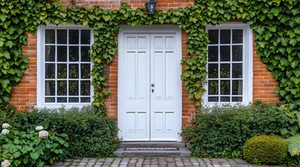 European vintage building&nbsp;features red brick facade with white wooden double&nbsp;doors, adorned with climbing ivy vines creating romantic entrance and rustic charm.