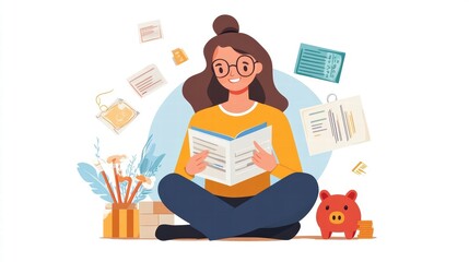 woman reading financial documents and saving money