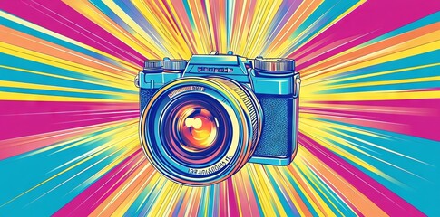 Vibrant Pop Art of a Classic Camera with Radiant Beams. AI generated illustration