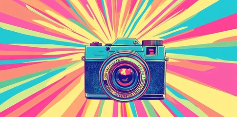 Vibrant Pop Art of a Classic Camera with Radiant Beams. AI generated illustration